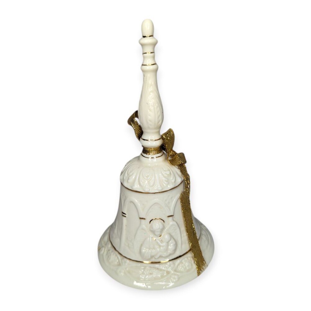 Christmas Ceramic Bell Featuring Nativity Scene Gold Accents & Bow 7 1/2" Tall